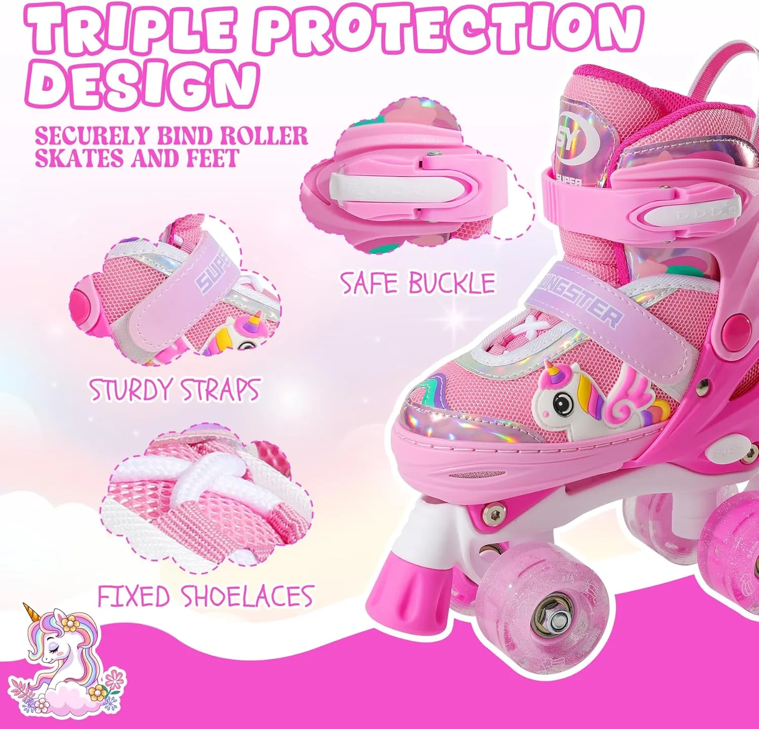 Adjustable Light Up Kids Unicorn Roller Skates for Girls Ages 4-6 5-8 8-12, Toddlers Beginner Cat RollerSkates