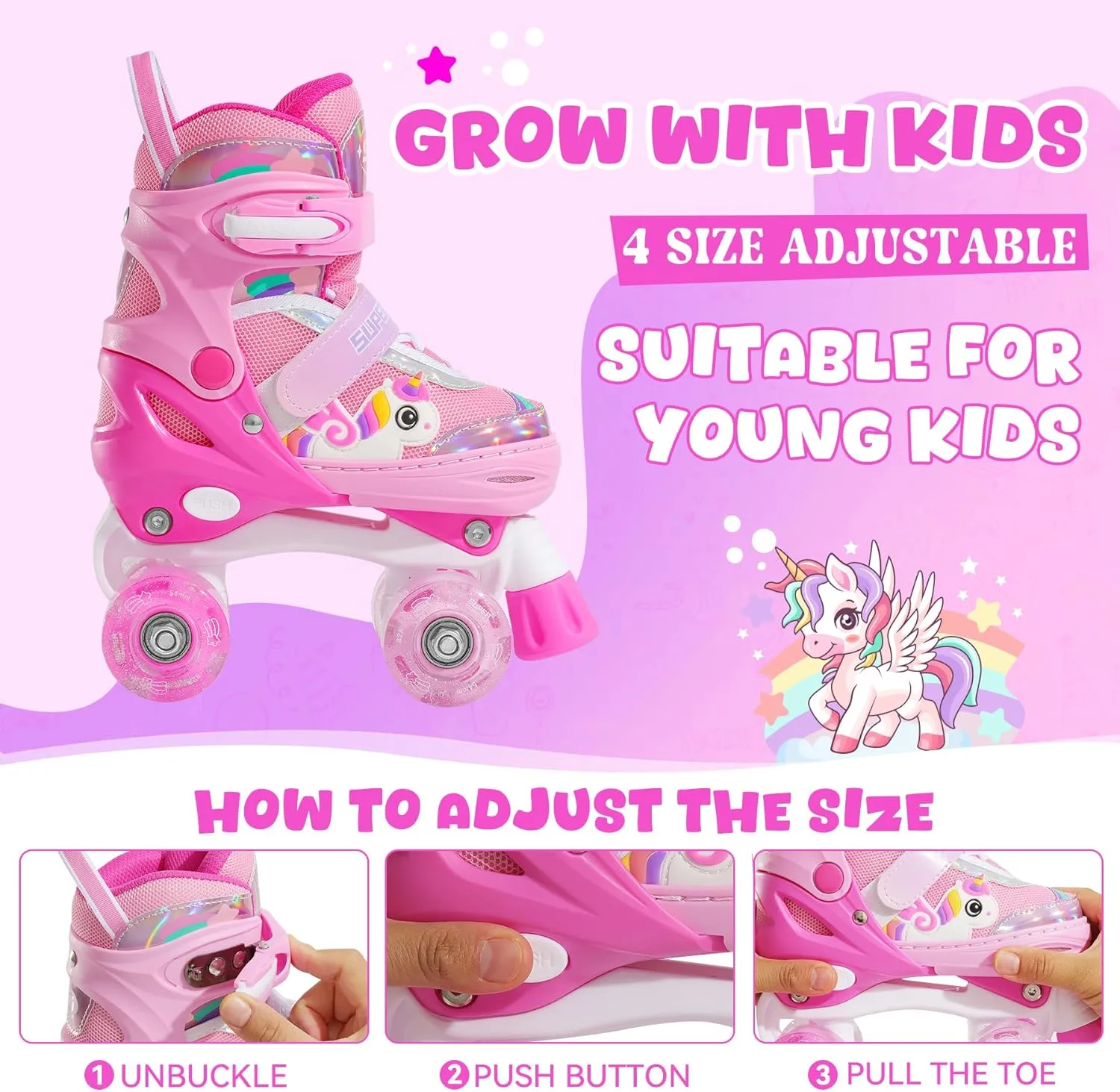 Adjustable Light Up Kids Unicorn Roller Skates for Girls Ages 4-6 5-8 8-12, Toddlers Beginner Cat RollerSkates