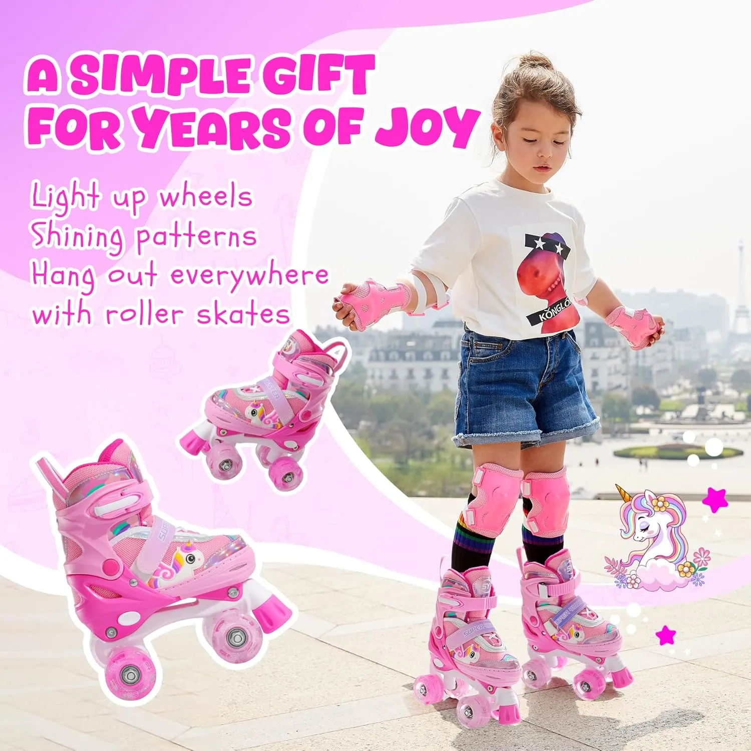 Adjustable Light Up Kids Unicorn Roller Skates for Girls Ages 4-6 5-8 8-12, Toddlers Beginner Cat RollerSkates
