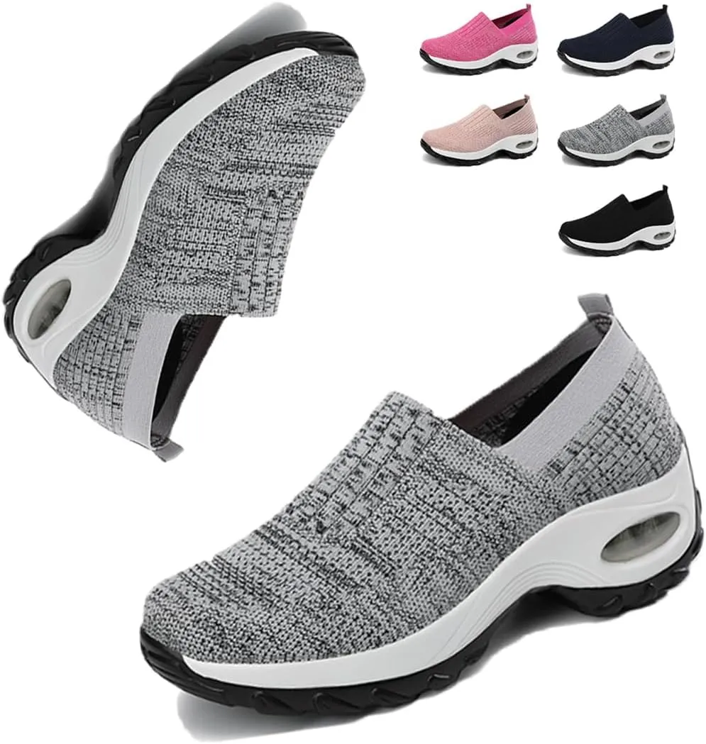 Air Cushion Slip On Walking Shoes,with Arch Support Non-Slip Orthopedic Stretch Walking Shoes,Slip-On Platform Mesh Stretch Wedge Sneakers