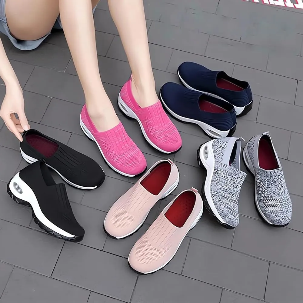 Air Cushion Slip On Walking Shoes,with Arch Support Non-Slip Orthopedic Stretch Walking Shoes,Slip-On Platform Mesh Stretch Wedge Sneakers