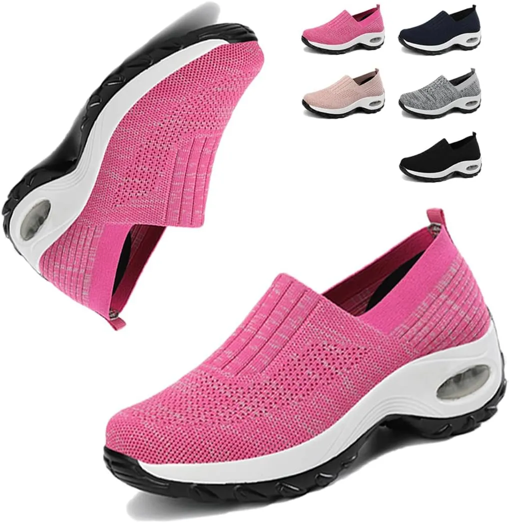 Air Cushion Slip On Walking Shoes,with Arch Support Non-Slip Orthopedic Stretch Walking Shoes,Slip-On Platform Mesh Stretch Wedge Sneakers