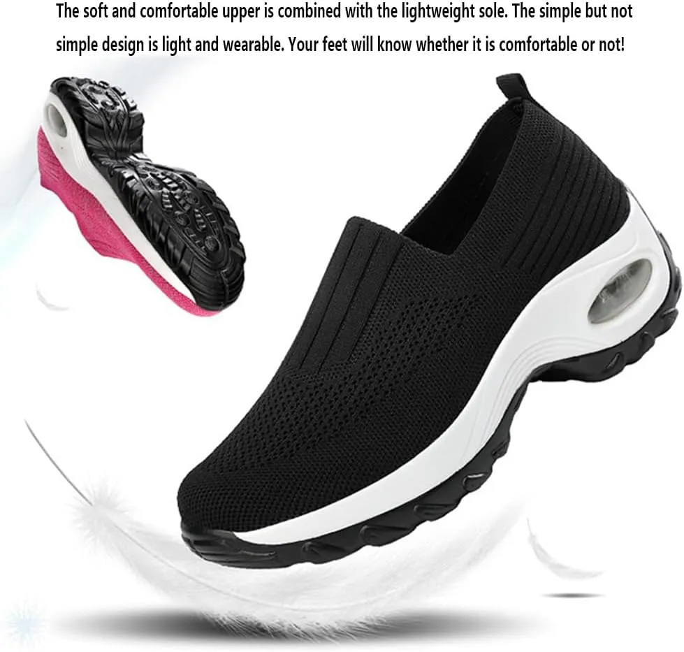 Air Cushion Slip On Walking Shoes,with Arch Support Non-Slip Orthopedic Stretch Walking Shoes,Slip-On Platform Mesh Stretch Wedge Sneakers