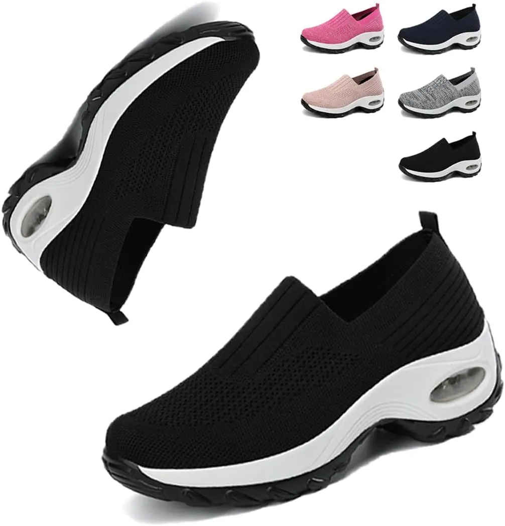 Air Cushion Slip On Walking Shoes,with Arch Support Non-Slip Orthopedic Stretch Walking Shoes,Slip-On Platform Mesh Stretch Wedge Sneakers