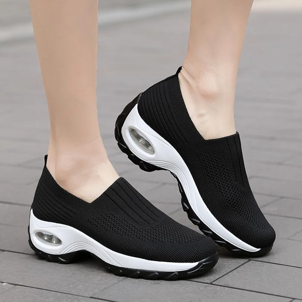 Air Cushion Slip On Walking Shoes,with Arch Support Non-Slip Orthopedic Stretch Walking Shoes,Slip-On Platform Mesh Stretch Wedge Sneakers