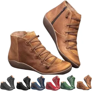 Ankle Boots for Women 2025 Arch Support,Vintage No Heel Wide Calf Comfortable Boots Fashion Lace Up Retro Leather Booties Side Zipper Slip On Flat Heel Spring Autumn Winter Fall Shoes