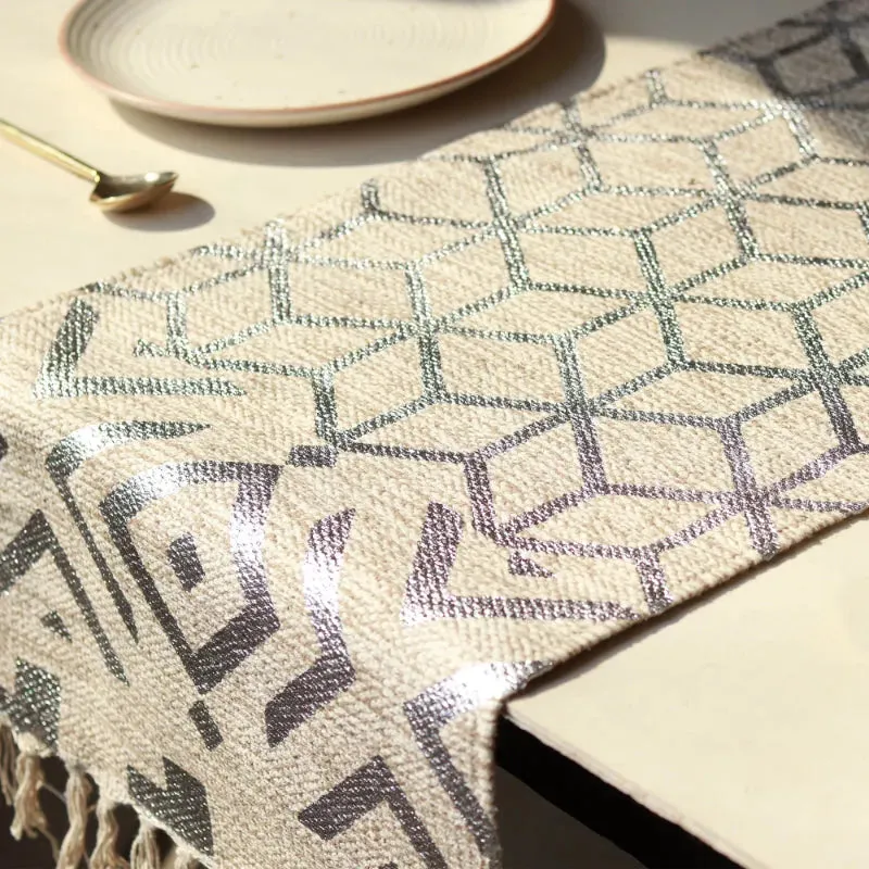 Cotton Foil Geometrical Printed Table Runner With Tassles | 54 x 14  inches