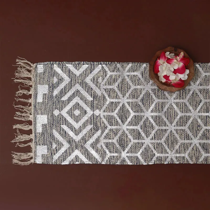 Cotton Foil Geometrical Printed Table Runner With Tassles | 54 x 14  inches