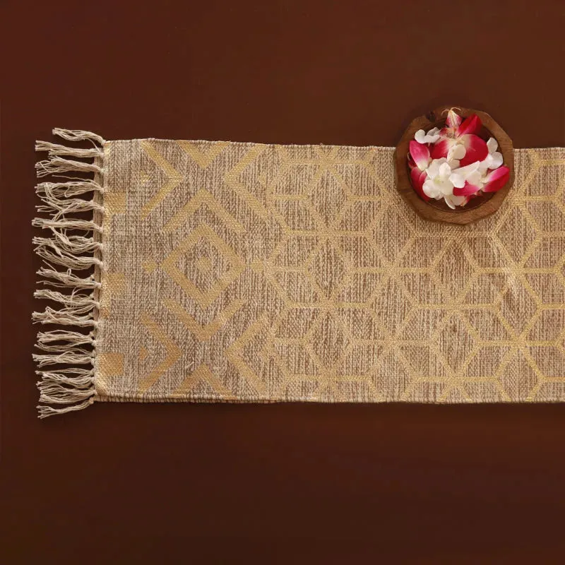 Cotton Foil Geometrical Printed Table Runner With Tassles | 54 x 14  inches
