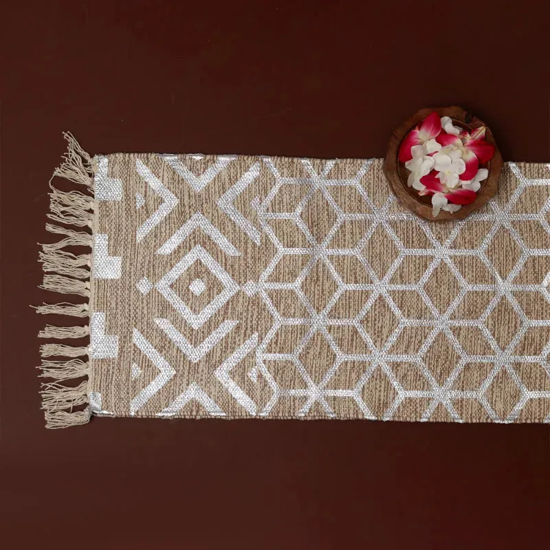 Cotton Foil Geometrical Printed Table Runner With Tassles | 54 x 14  inches