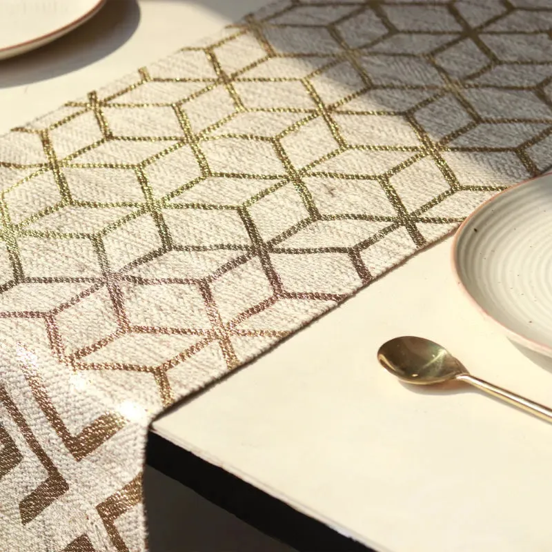 Cotton Foil Geometrical Printed Table Runner With Tassles | 54 x 14  inches