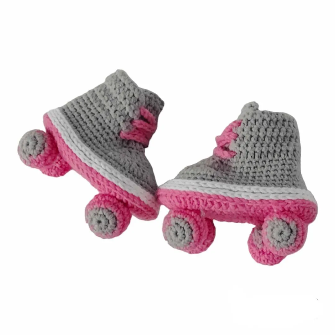 Crochet Roller Skate Baby Booties, Baby Roller Skates, Girl Newborn Skates, Grey Pink Rollers (3-6 mnoths)