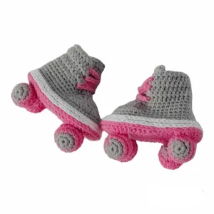 Crochet Roller Skate Baby Booties, Baby Roller Skates, Girl Newborn Skates, Grey Pink Rollers (3-6 mnoths)