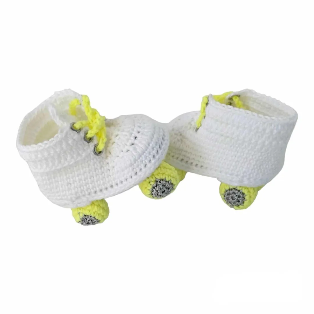 Crochet Roller Skate Baby Booties, Baby Roller Skates, Girl Newborn Skates, White And Yellow Rollers (3-6 months)