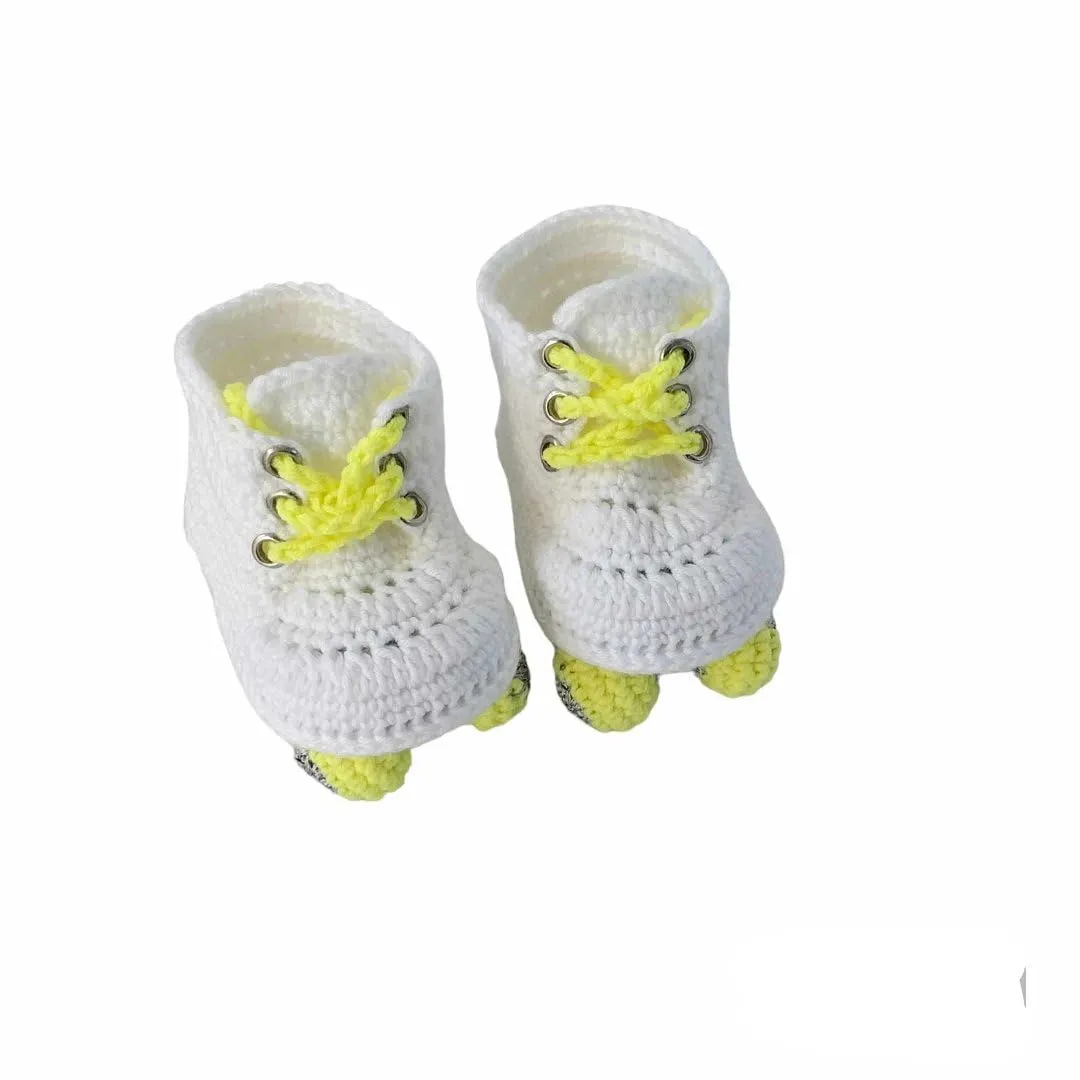 Crochet Roller Skate Baby Booties, Baby Roller Skates, Girl Newborn Skates, White And Yellow Rollers (3-6 months)
