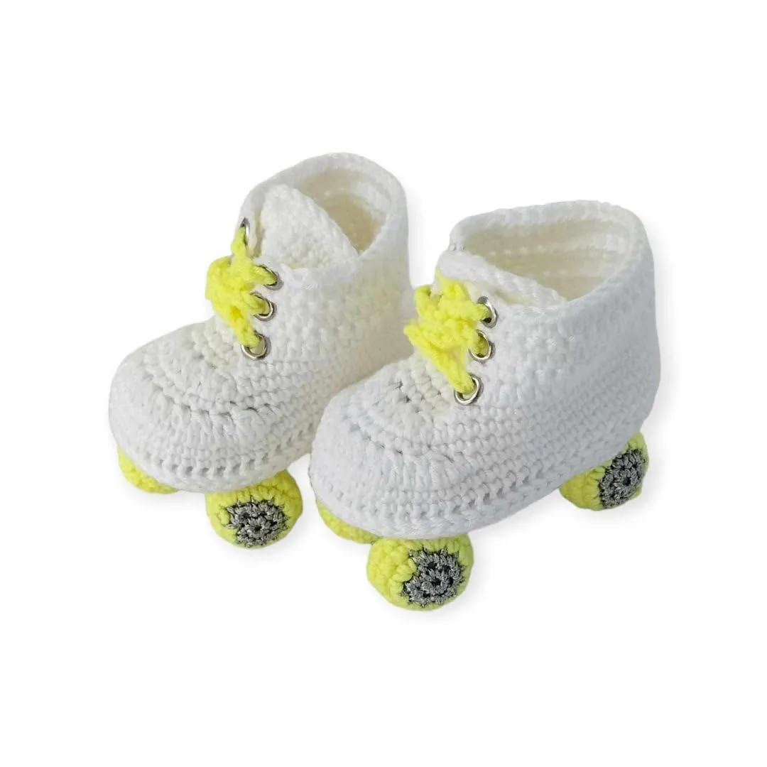 Crochet Roller Skate Baby Booties, Baby Roller Skates, Girl Newborn Skates, White And Yellow Rollers (3-6 months)