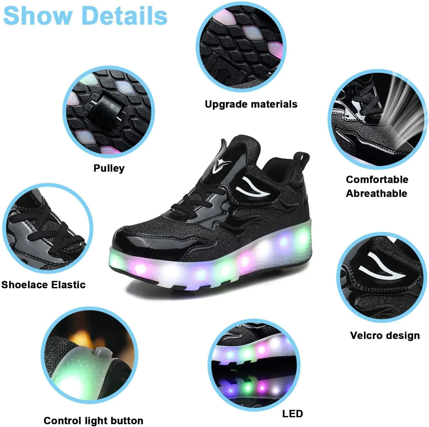 EMDPBD Unisex Kids Roller Skates Shoes USB Charging, Girls Boys LED Roller Skate Shoes with Double Wheels Retractable Technical Skateboarding,Black-39EU