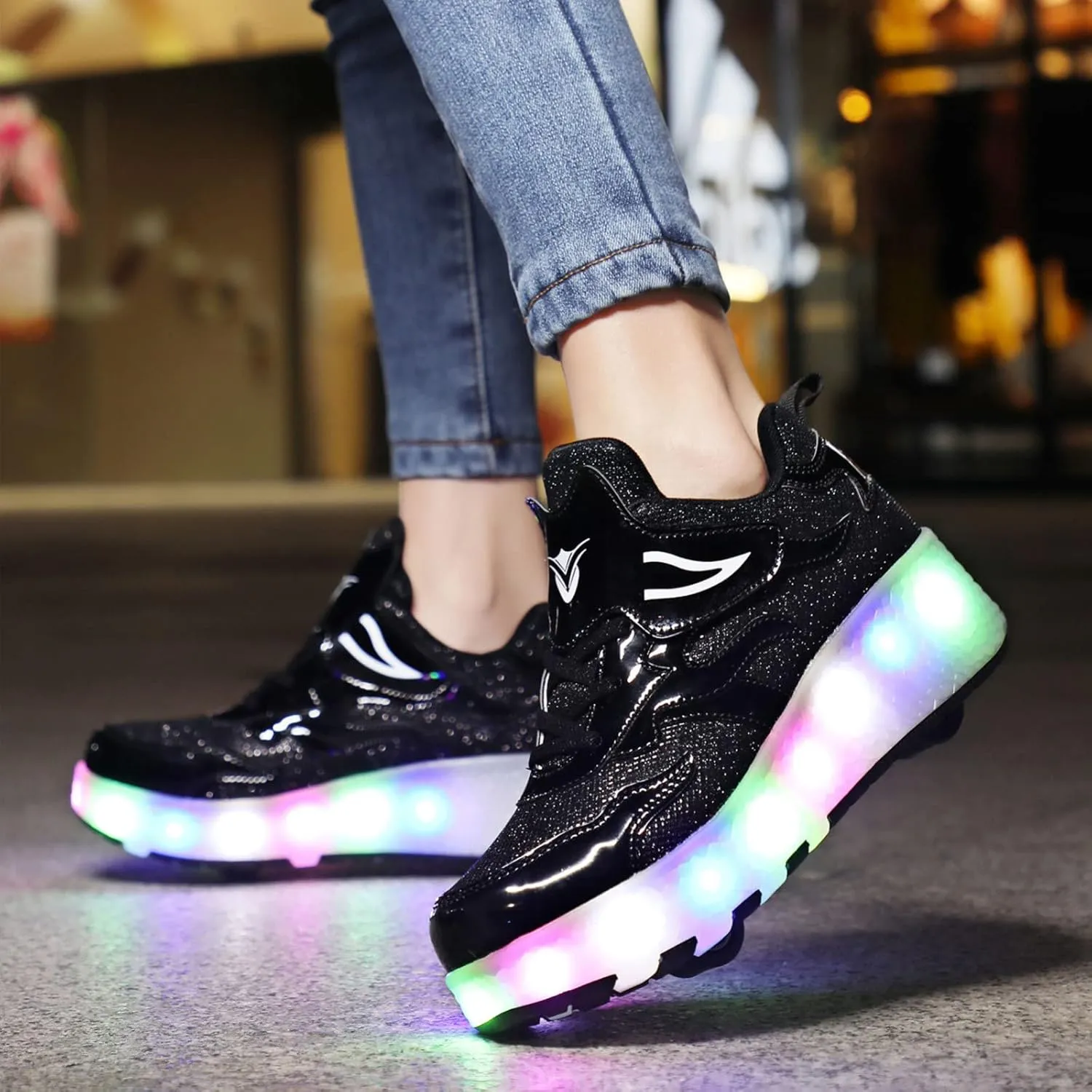 EMDPBD Unisex Kids Roller Skates Shoes USB Charging, Girls Boys LED Roller Skate Shoes with Double Wheels Retractable Technical Skateboarding,Black-39EU