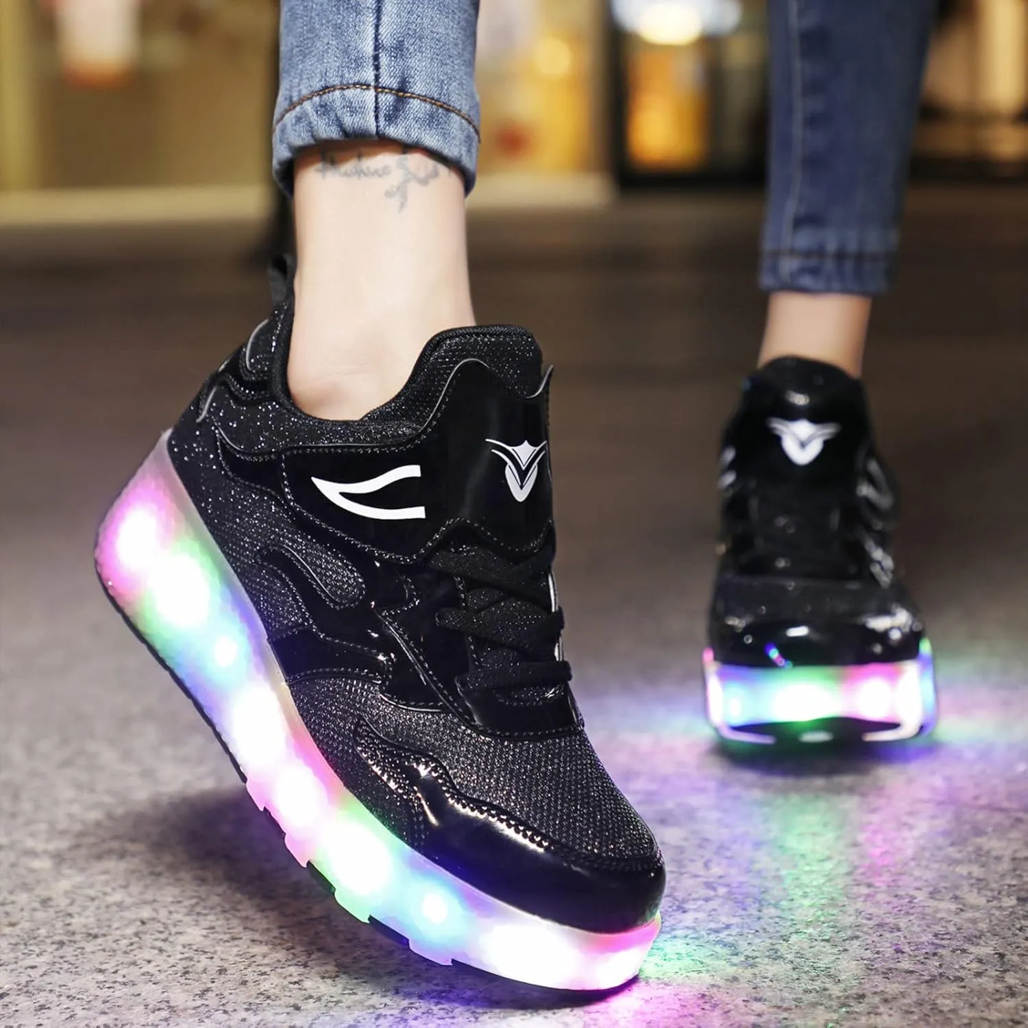 EMDPBD Unisex Kids Roller Skates Shoes USB Charging, Girls Boys LED Roller Skate Shoes with Double Wheels Retractable Technical Skateboarding,Black-39EU