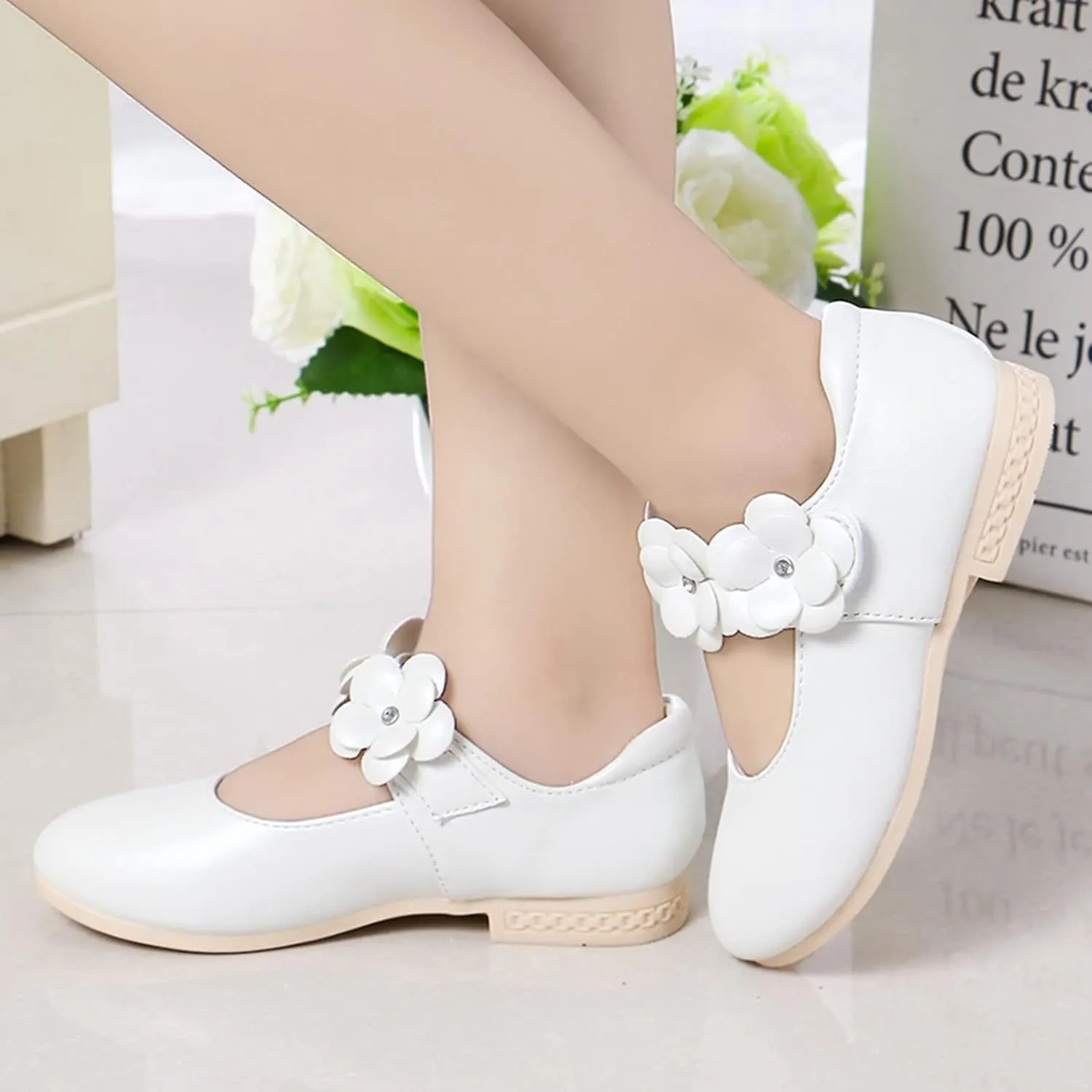 Girls Ballerina Flat Mary Jane Front Flower Dress Shoes for Wedding, Party, Walking(Toddler/Little Girl) Baby Shoes