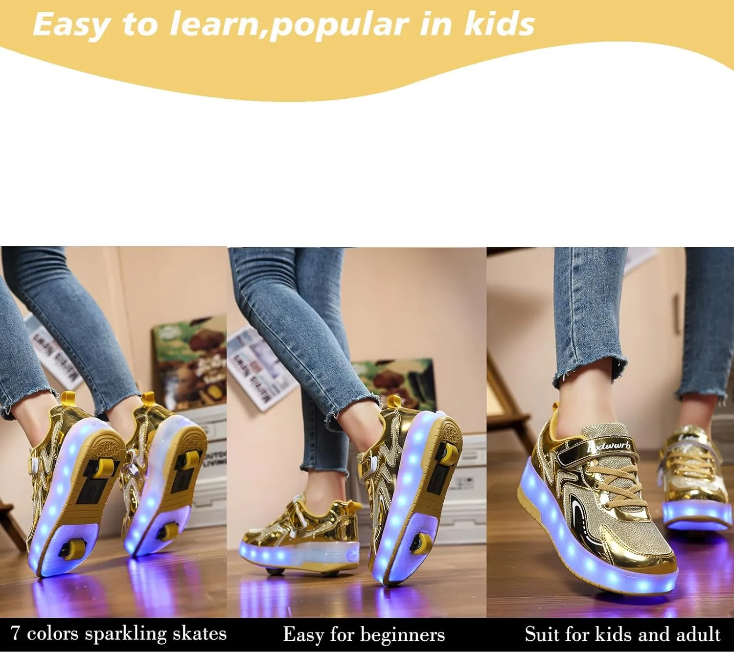 Girls Roller Shoes LED Lights Up Sneakers with Wheels Removable Lightweight Roller Skates Boys Beginners Trainers Skate Comfortable Sports Footwear Athletic USB Charge Sneaker Kids Gifts