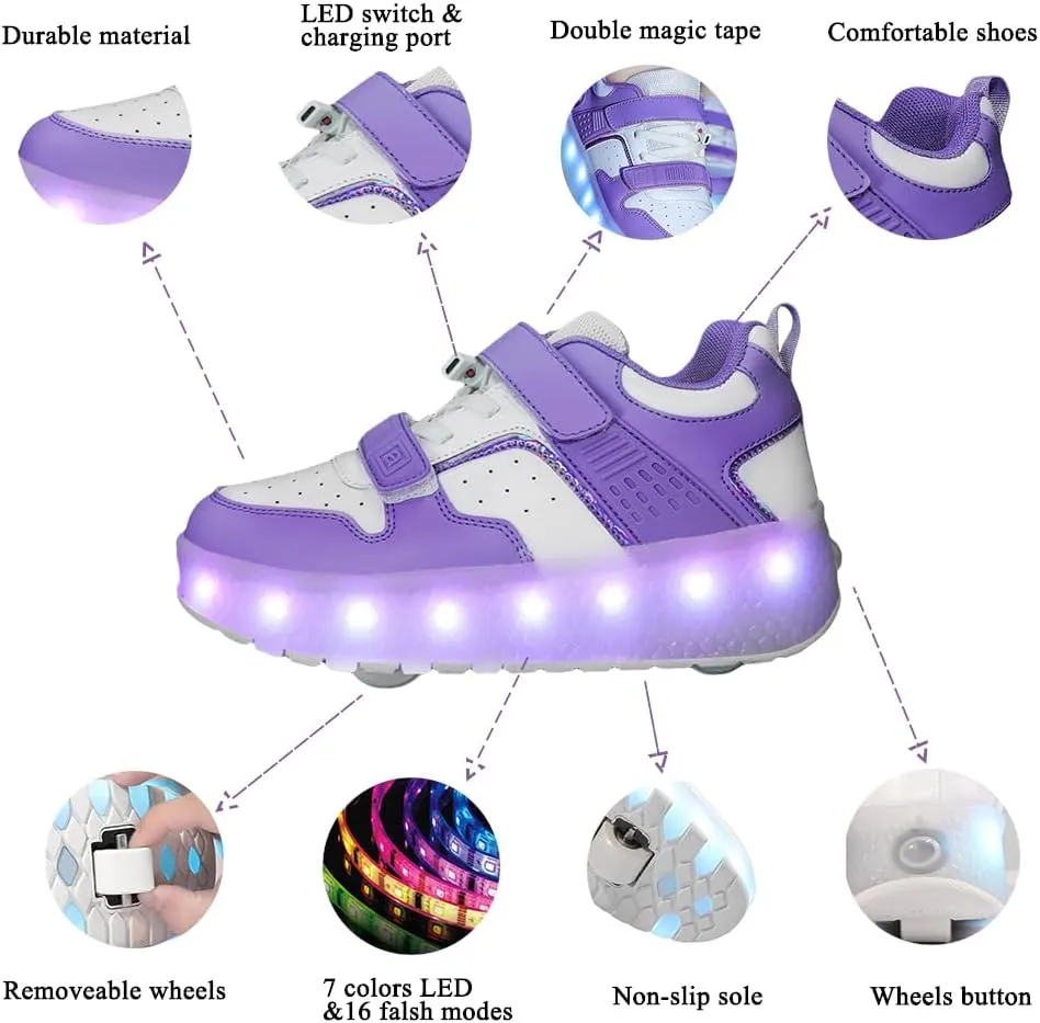 Girls Roller Shoes LED Lights Up Sneakers with Wheels Removable Lightweight Roller Skates Boys Beginners Trainers Skate Comfortable Sports Footwear Athletic USB Charge Sneaker Kids Gifts