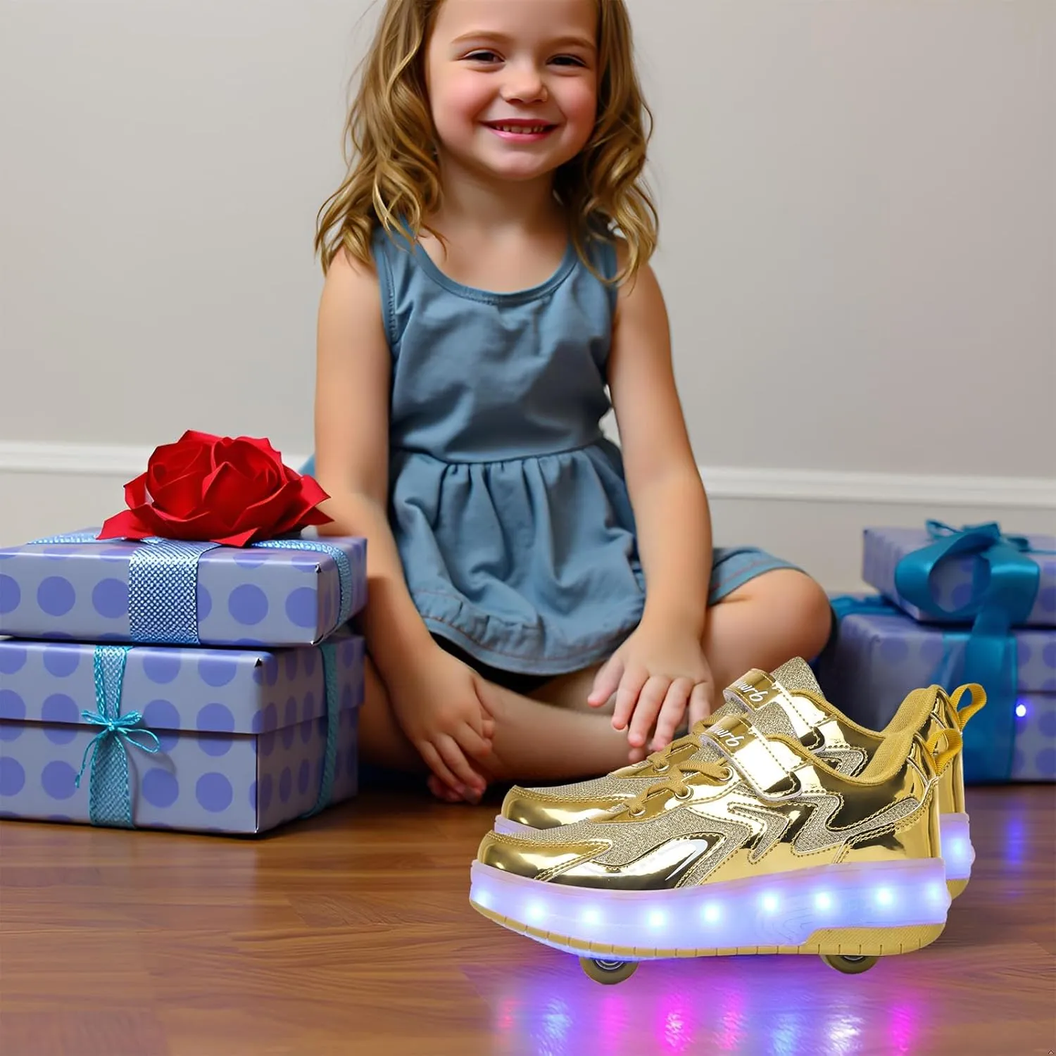 Girls Roller Shoes LED Lights Up Sneakers with Wheels Removable Lightweight Roller Skates Boys Beginners Trainers Skate Comfortable Sports Footwear Athletic USB Charge Sneaker Kids Gifts