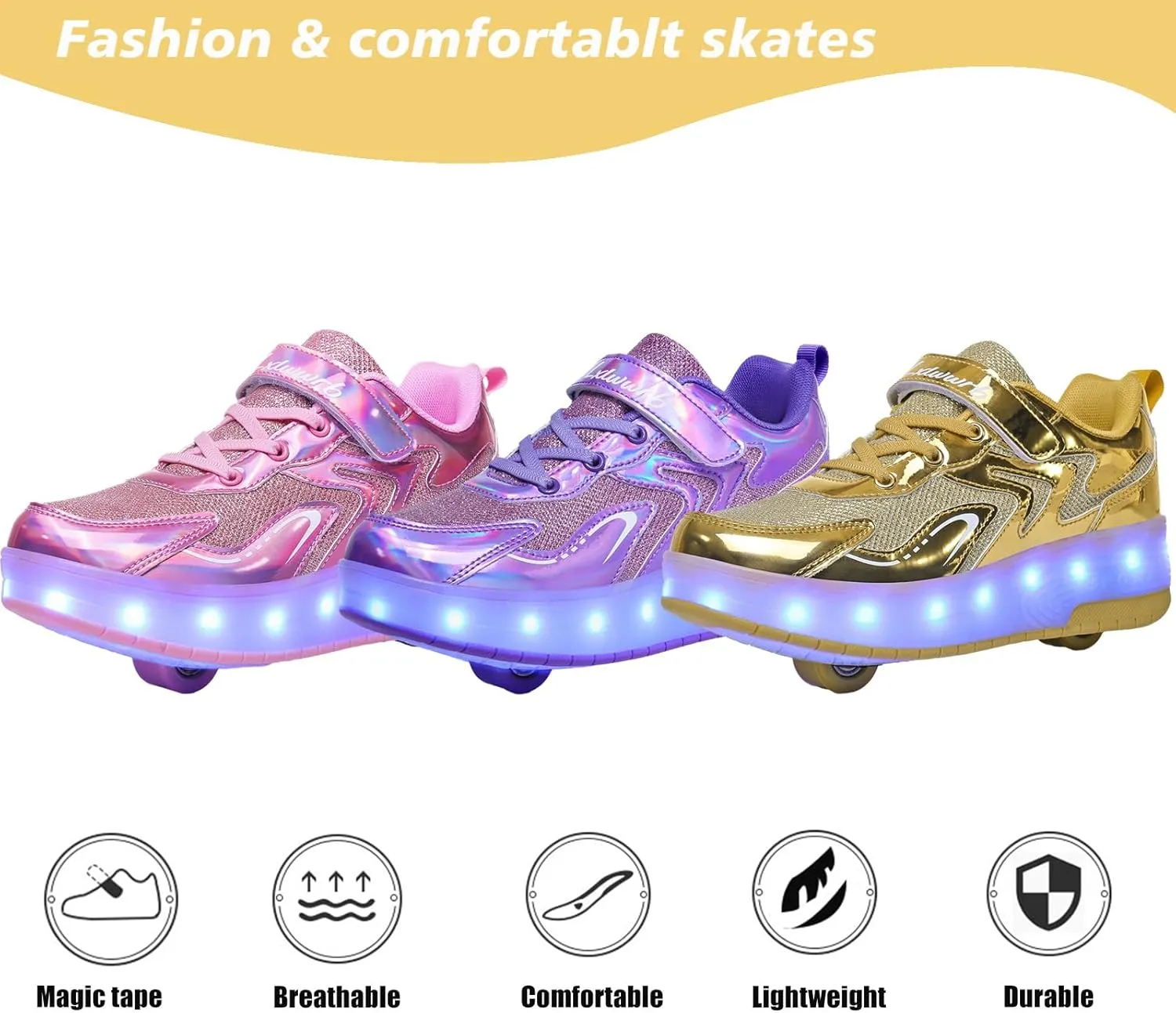 Girls Roller Shoes LED Lights Up Sneakers with Wheels Removable Lightweight Roller Skates Boys Beginners Trainers Skate Comfortable Sports Footwear Athletic USB Charge Sneaker Kids Gifts