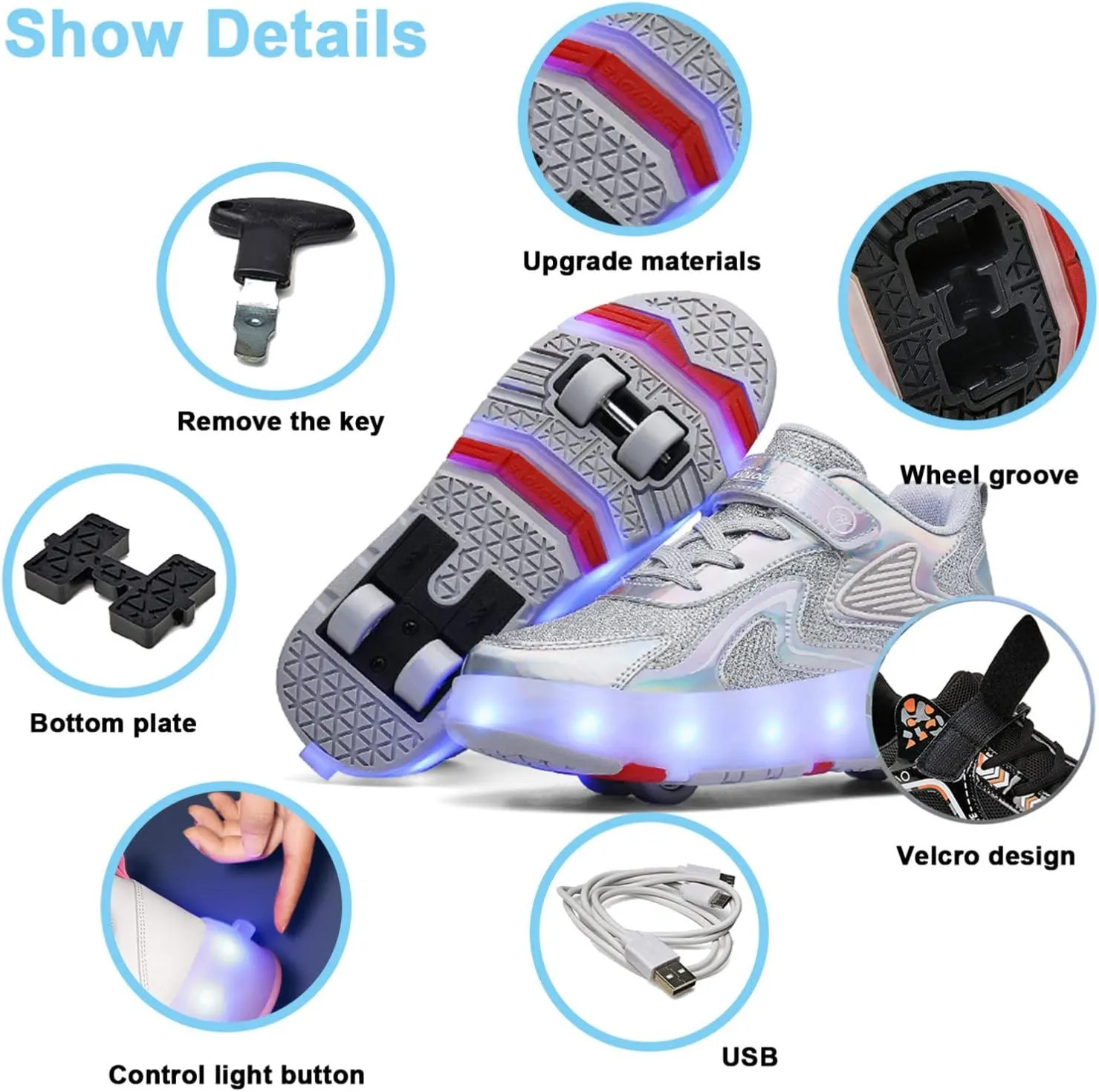 Kids Roller Skates Shoes Boy Girl Sneakers Double Row 4 Wheels USB Chargeable LED Light Up Roller Skates Best Gifts,Grey-1LittleKid