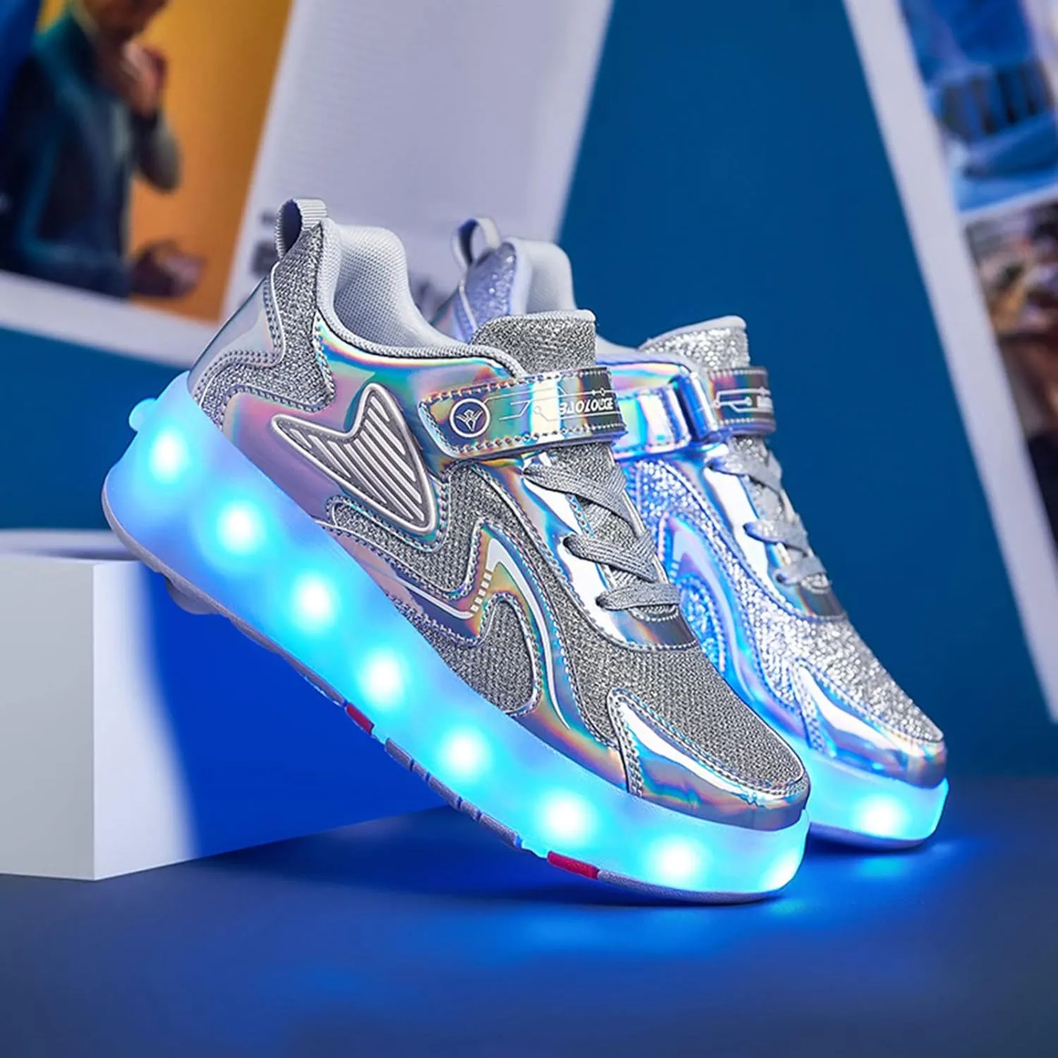 Kids Roller Skates Shoes Boy Girl Sneakers Double Row 4 Wheels USB Chargeable LED Light Up Roller Skates Best Gifts,Grey-1LittleKid