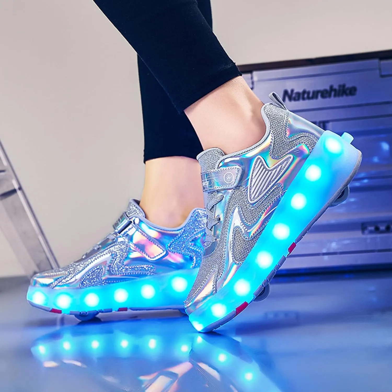 Kids Roller Skates Shoes Boy Girl Sneakers Double Row 4 Wheels USB Chargeable LED Light Up Roller Skates Best Gifts,Grey-1LittleKid