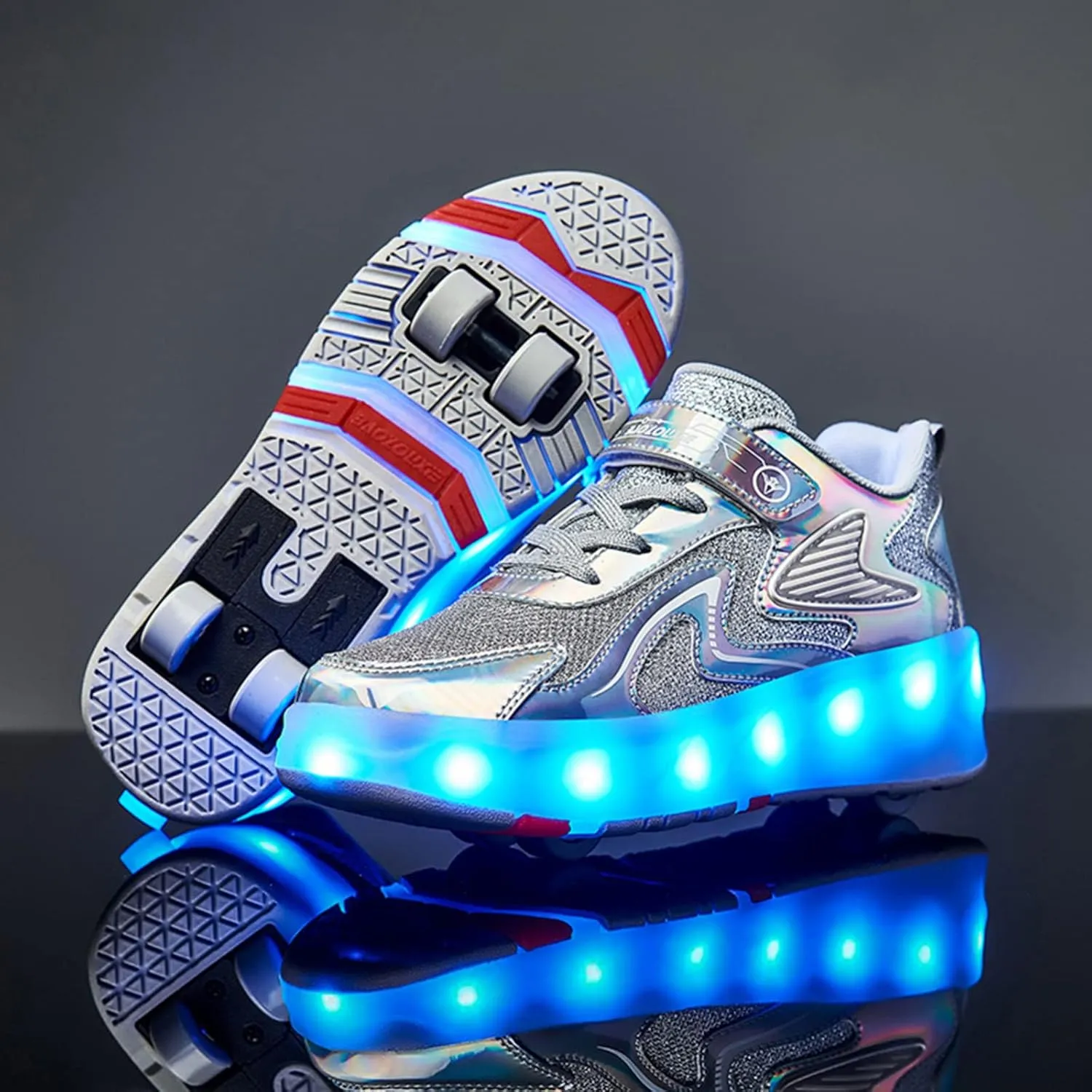 Kids Roller Skates Shoes Boy Girl Sneakers Double Row 4 Wheels USB Chargeable LED Light Up Roller Skates Best Gifts,Grey-1LittleKid