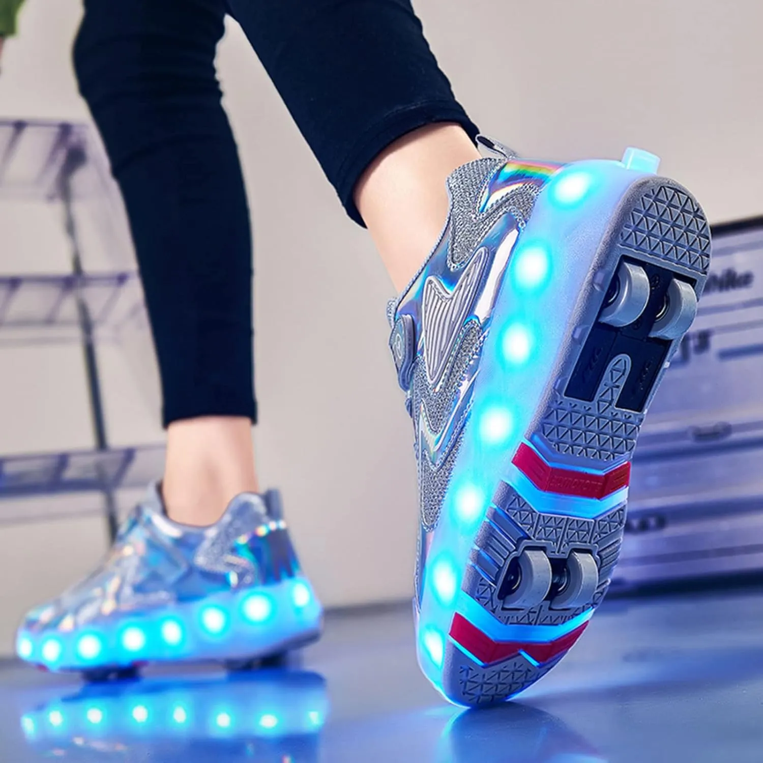 Kids Roller Skates Shoes Boy Girl Sneakers Double Row 4 Wheels USB Chargeable LED Light Up Roller Skates Best Gifts,Grey-1LittleKid