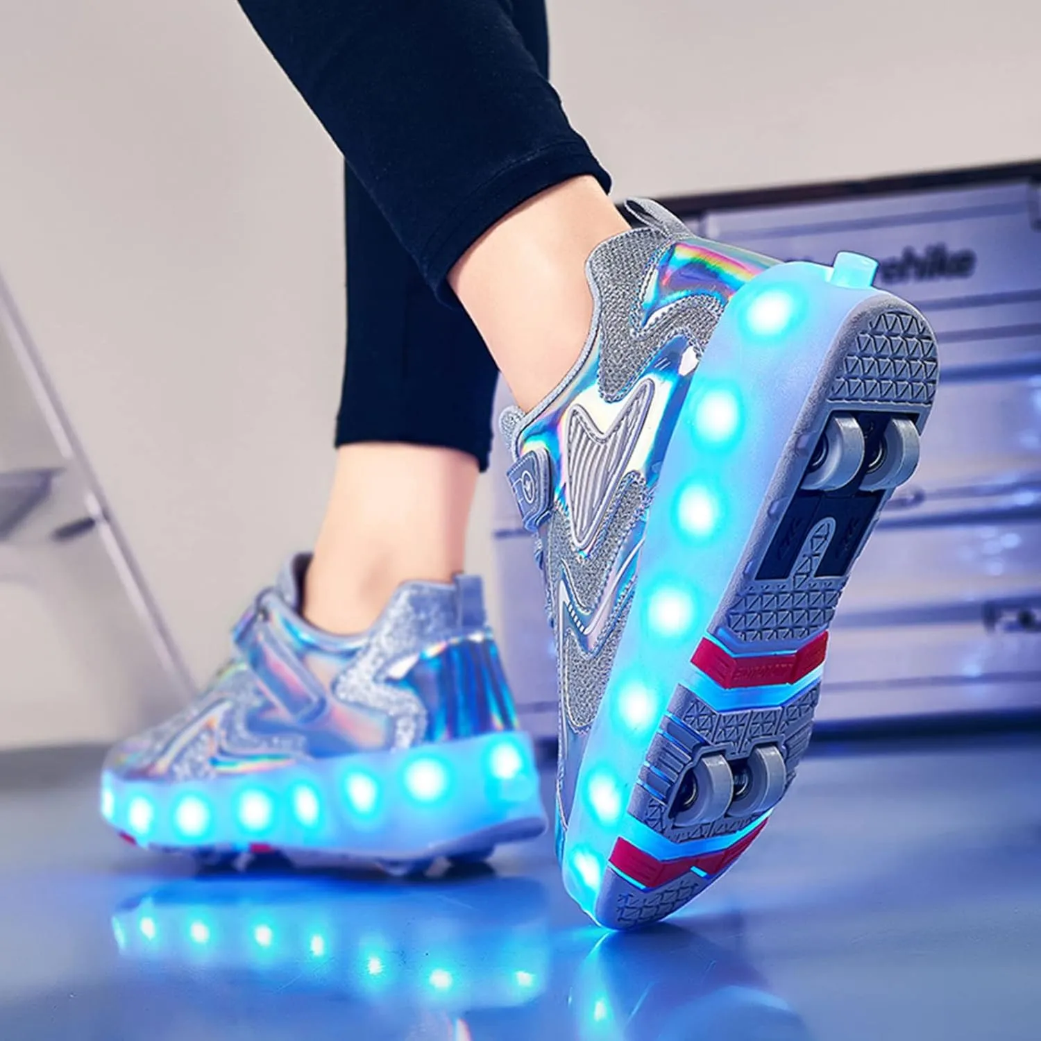 Kids Roller Skates Shoes Boy Girl Sneakers Double Row 4 Wheels USB Chargeable LED Light Up Roller Skates Best Gifts,Grey-1LittleKid