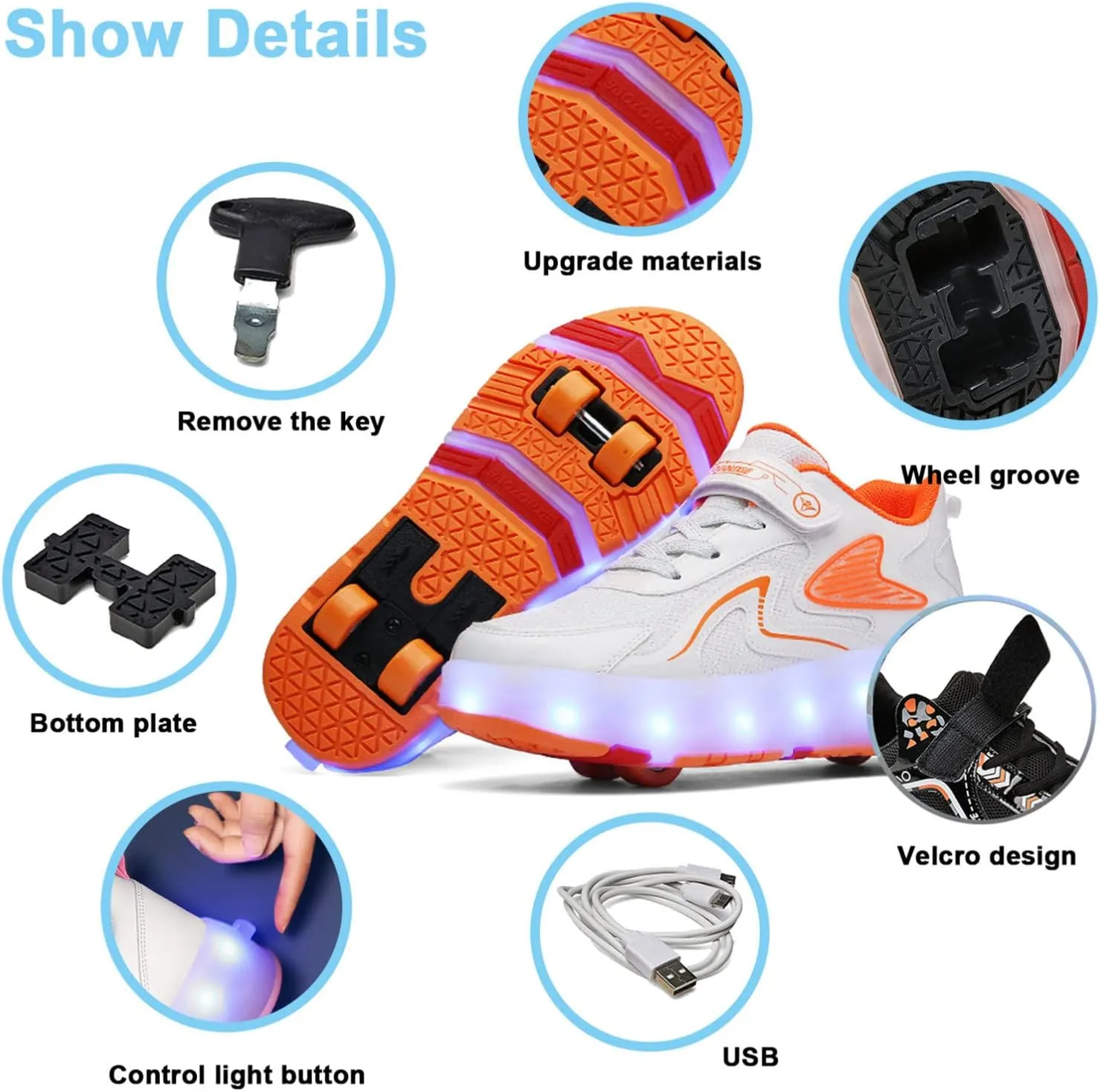 Kids Roller Skates Shoes Boy Girl Sneakers Double Row 4 Wheels USB Chargeable LED Light Up Roller Skates Best Gifts,Orange-8.5