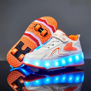 Kids Roller Skates Shoes Boy Girl Sneakers Double Row 4 Wheels USB Chargeable LED Light Up Roller Skates Best Gifts,Orange-8.5