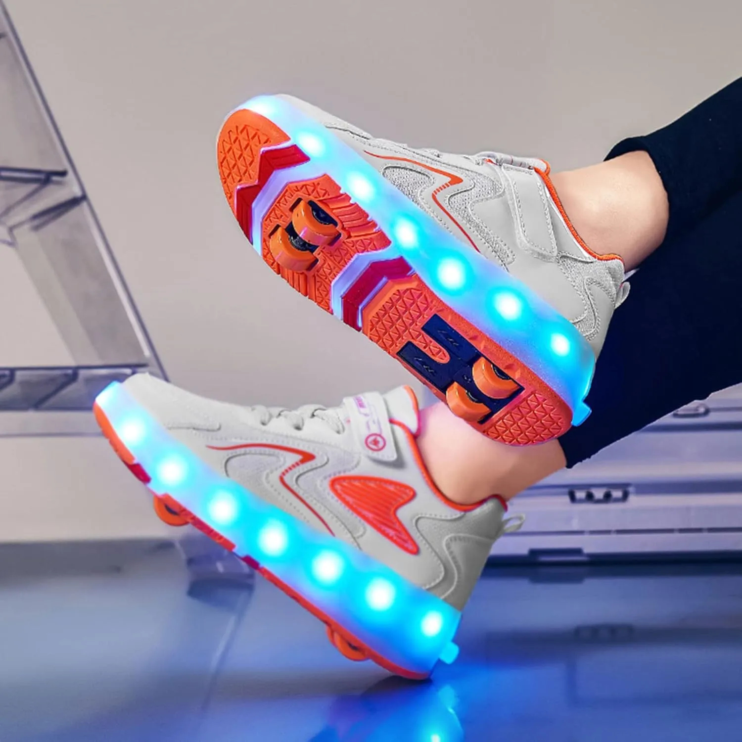 Kids Roller Skates Shoes Boy Girl Sneakers Double Row 4 Wheels USB Chargeable LED Light Up Roller Skates Best Gifts,Orange-8.5