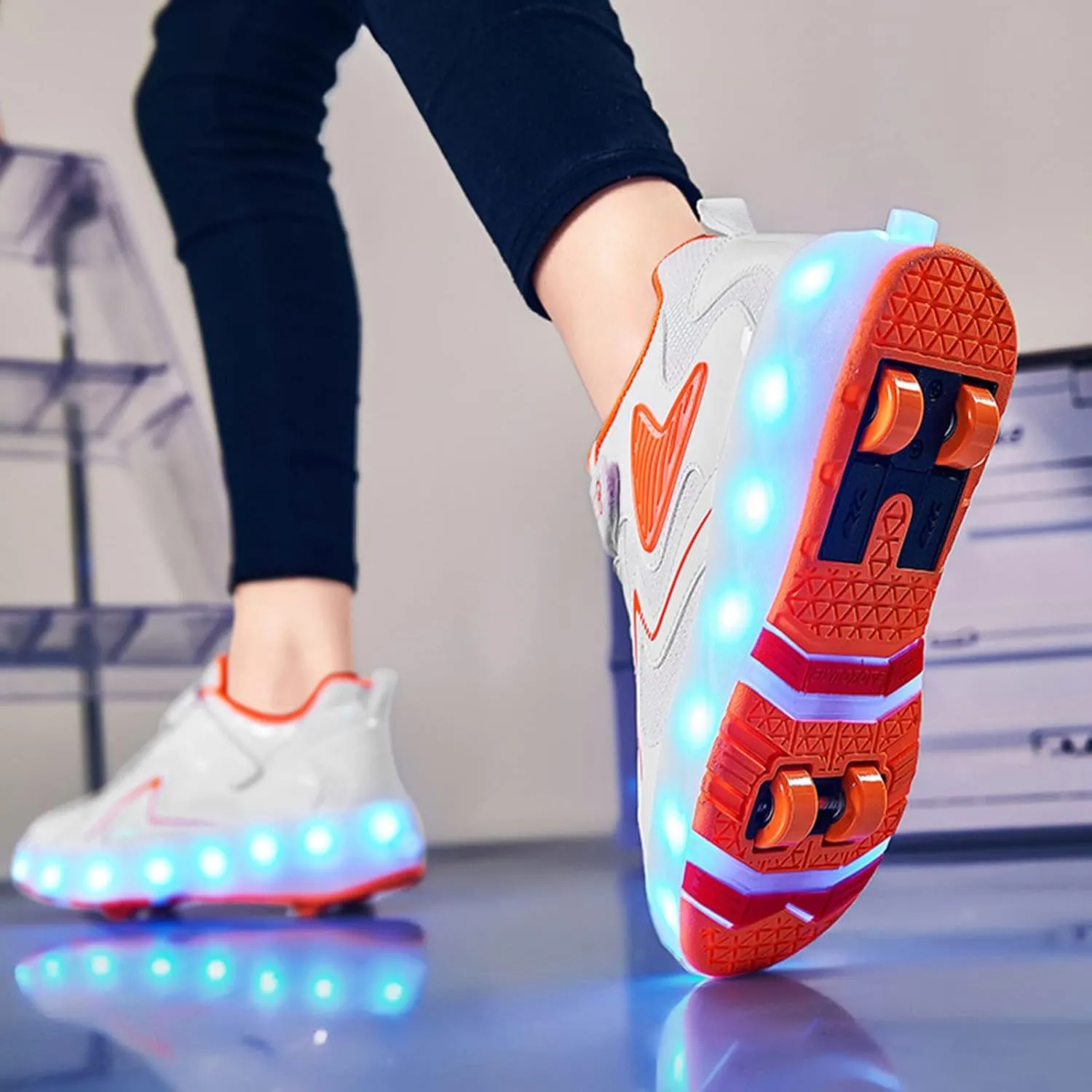 Kids Roller Skates Shoes Boy Girl Sneakers Double Row 4 Wheels USB Chargeable LED Light Up Roller Skates Best Gifts,Orange-8.5