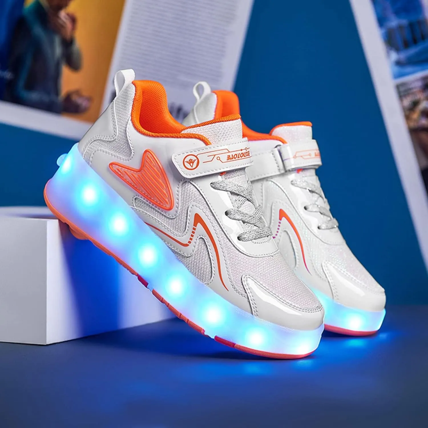 Kids Roller Skates Shoes Boy Girl Sneakers Double Row 4 Wheels USB Chargeable LED Light Up Roller Skates Best Gifts,Orange-8.5