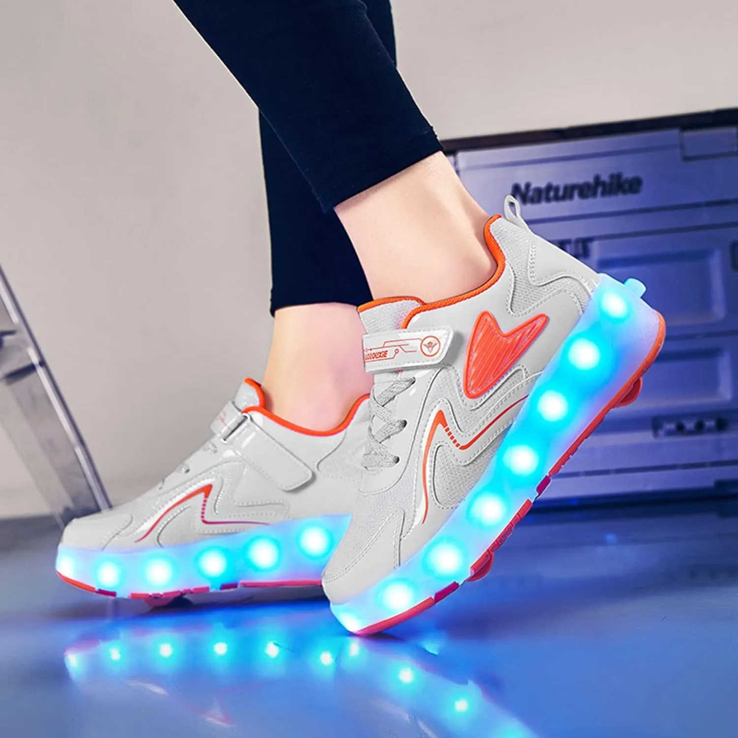 Kids Roller Skates Shoes Boy Girl Sneakers Double Row 4 Wheels USB Chargeable LED Light Up Roller Skates Best Gifts,Orange-8.5