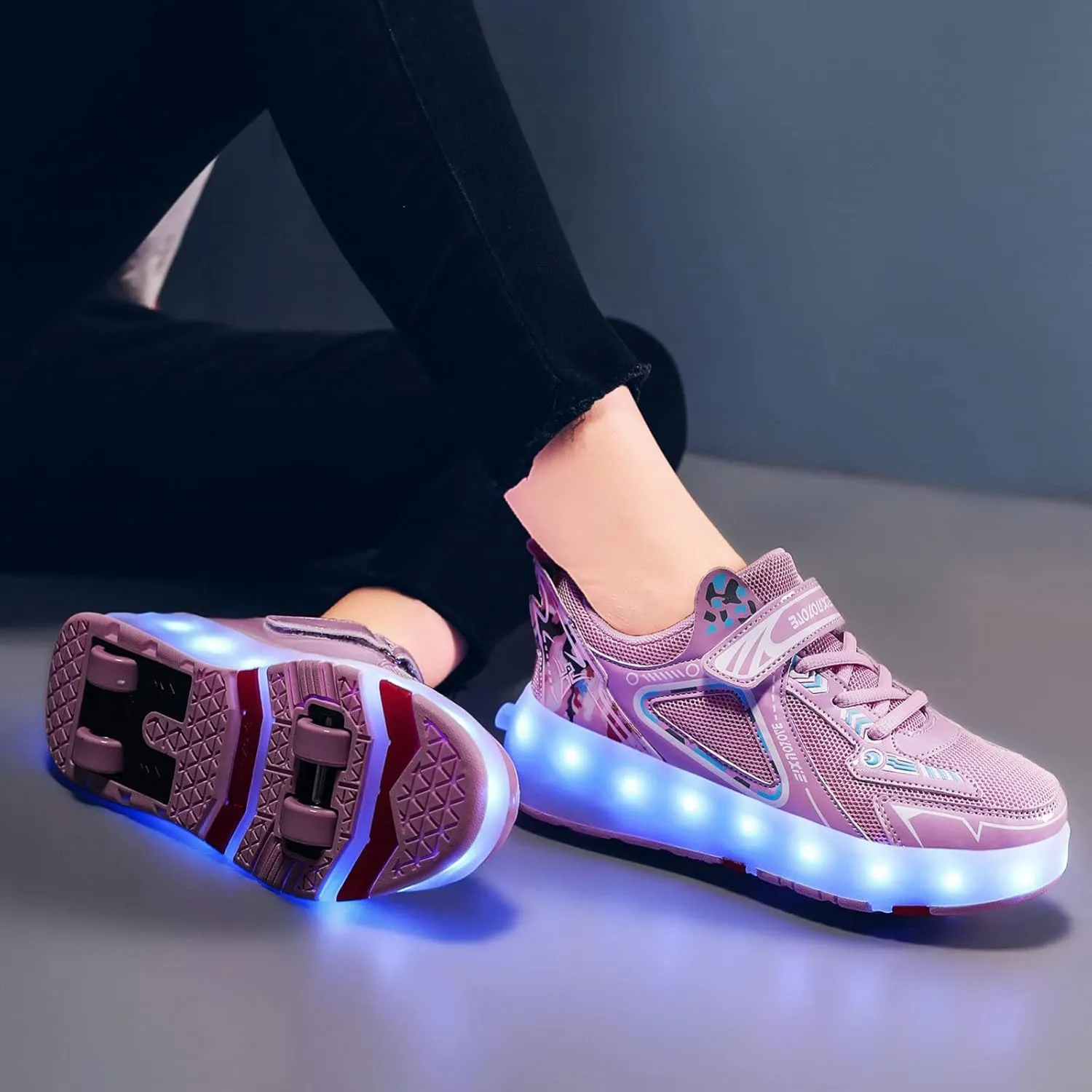Kids Roller Skates Shoes Boy Girl Sneakers with 4 Wheels, USB Chargeable LED Light Up Roller Skates, Upgraded LED Strips Roller Skate Shoes for Children Gift,Pink-8