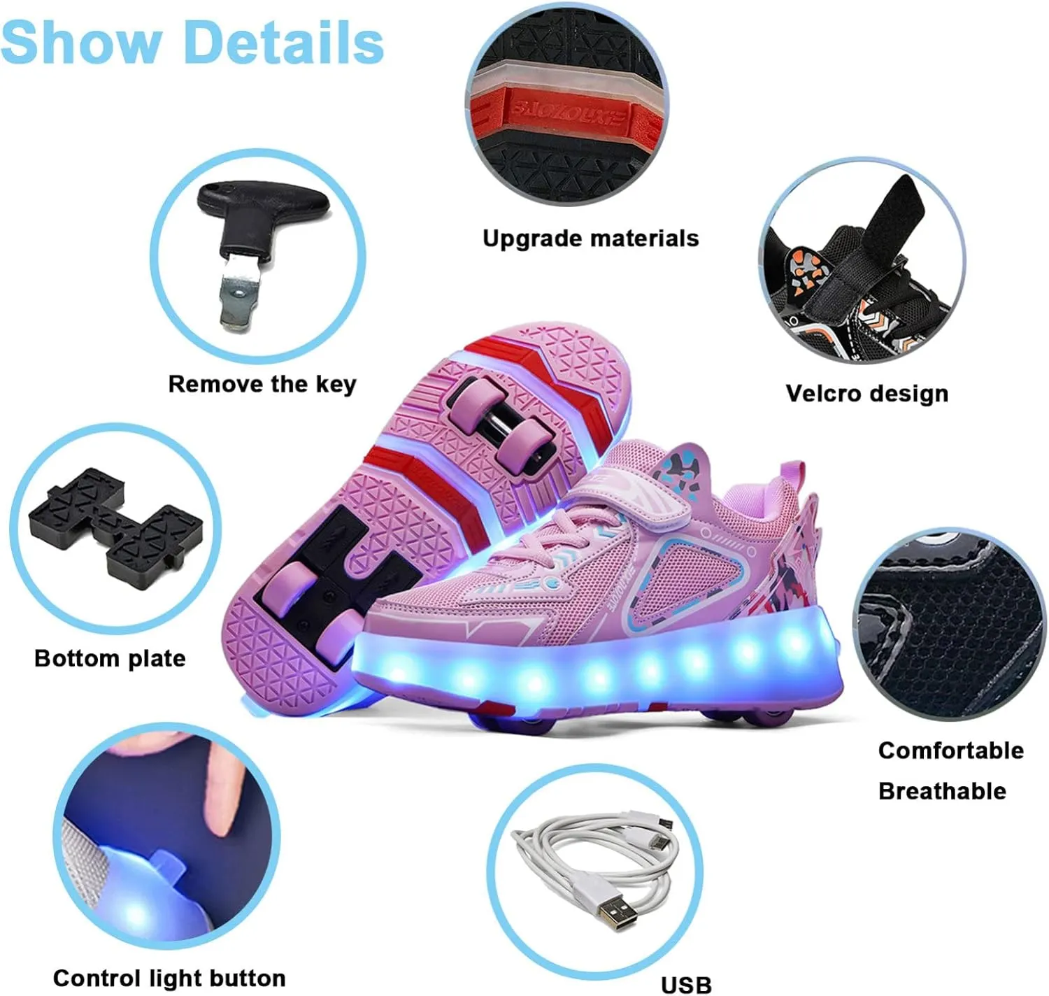 Kids Roller Skates Shoes Boy Girl Sneakers with 4 Wheels, USB Chargeable LED Light Up Roller Skates, Upgraded LED Strips Roller Skate Shoes for Children Gift,Pink-8
