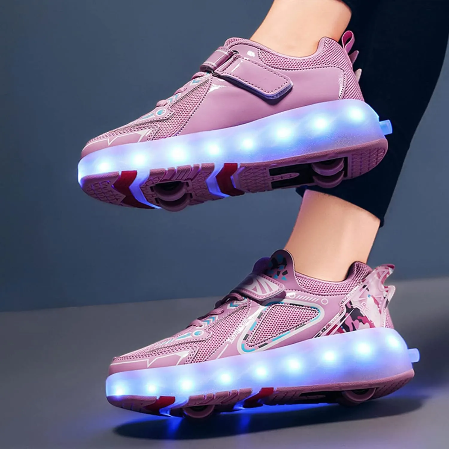 Kids Roller Skates Shoes Boy Girl Sneakers with 4 Wheels, USB Chargeable LED Light Up Roller Skates, Upgraded LED Strips Roller Skate Shoes for Children Gift,Pink-8
