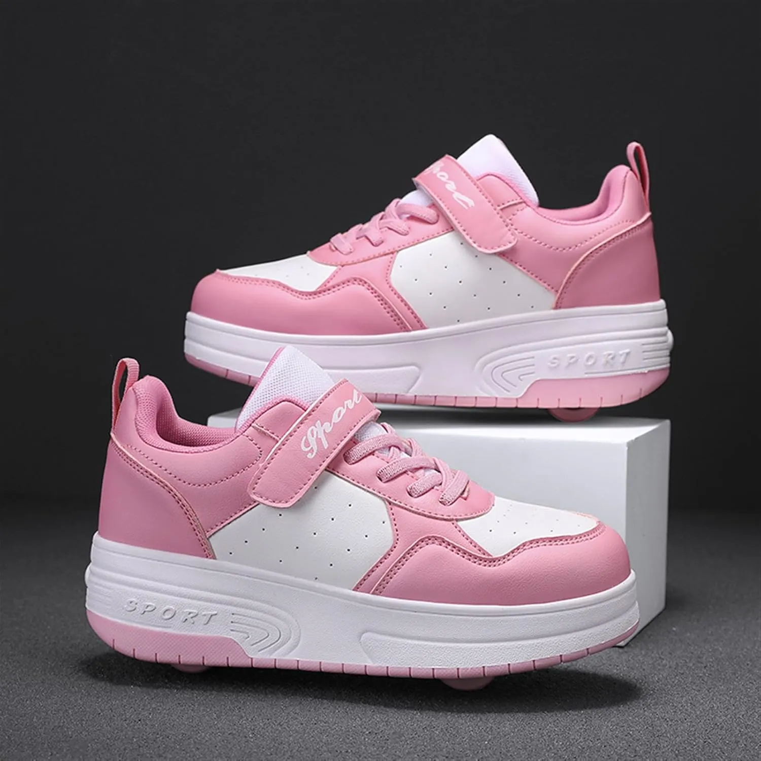Kids Roller Sneakers with Detachable Wheels, Unisex Casual Skating Shoes, Trendy All-Season Round Toe Lace-up Sneakers for Party, Birthday