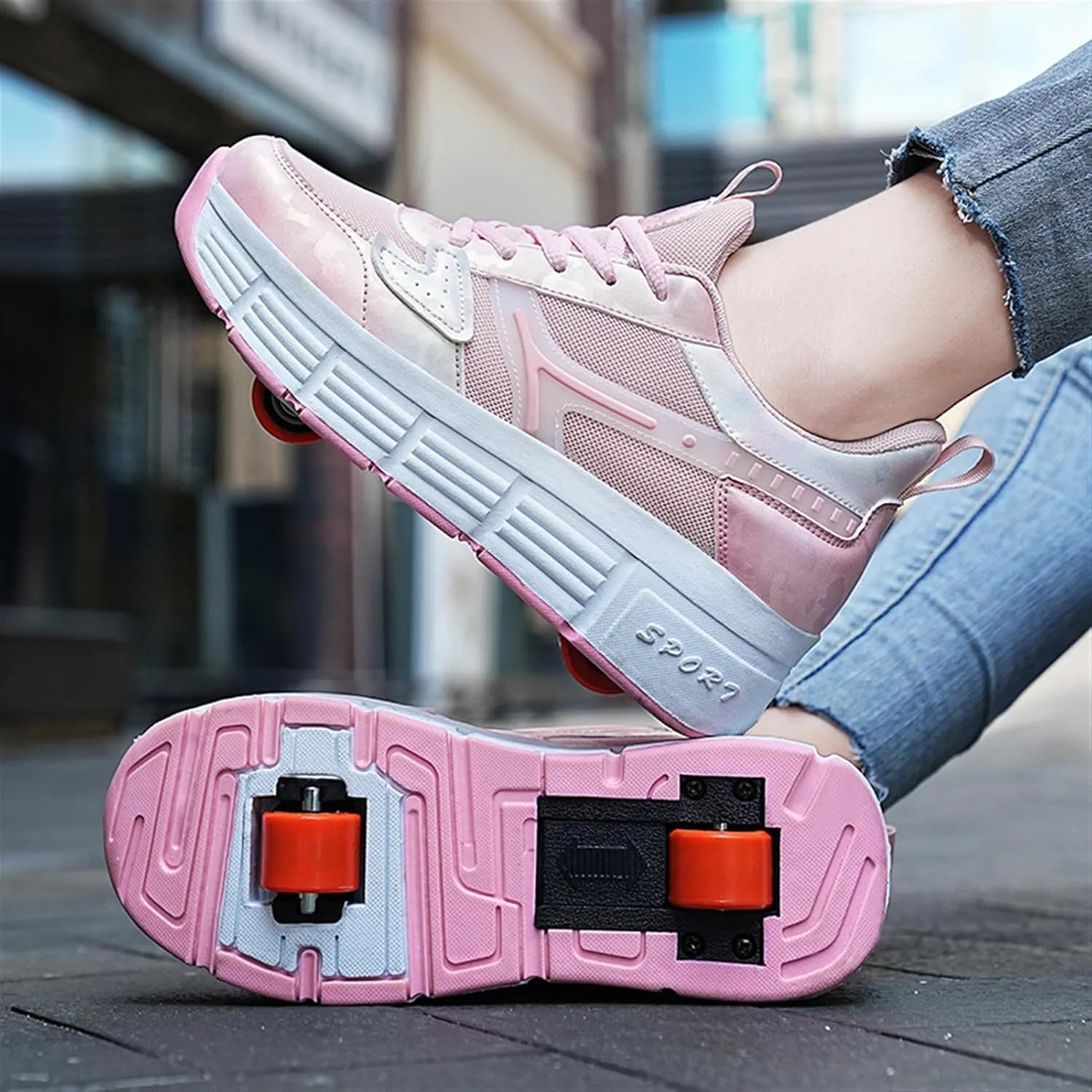 Kids Roller Sneakers with Detachable Wheels, Unisex Casual Skating Shoes, Trendy All-Season Round Toe Lace-up Sneakers for Party, Birthday