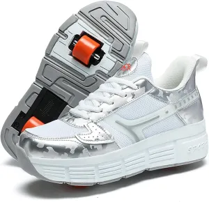 Kids Roller Sneakers with Detachable Wheels, Unisex Casual Skating Shoes, Trendy All-Season Round Toe Lace-up Sneakers for Party, Birthday