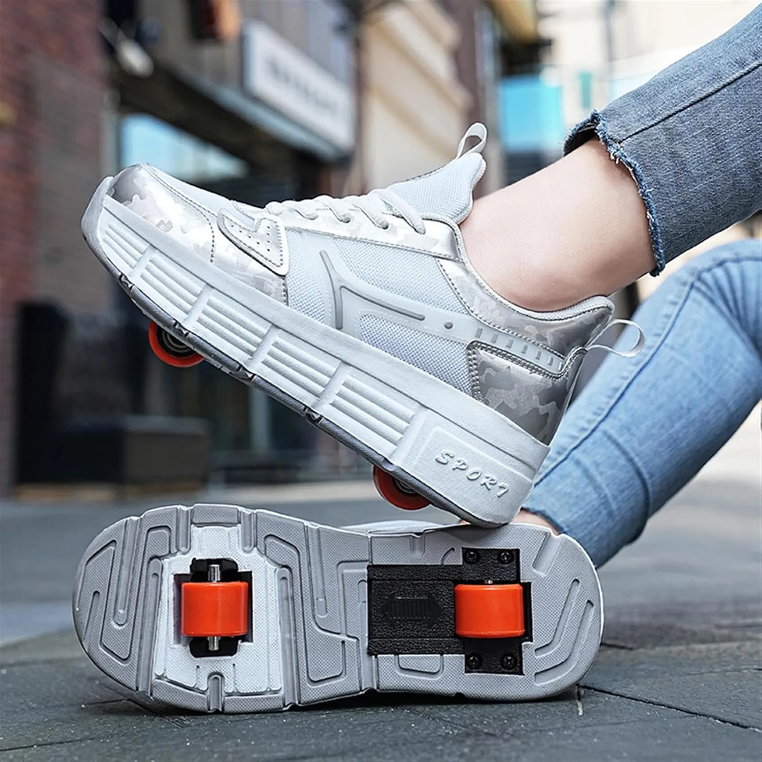 Kids Roller Sneakers with Detachable Wheels, Unisex Casual Skating Shoes, Trendy All-Season Round Toe Lace-up Sneakers for Party, Birthday