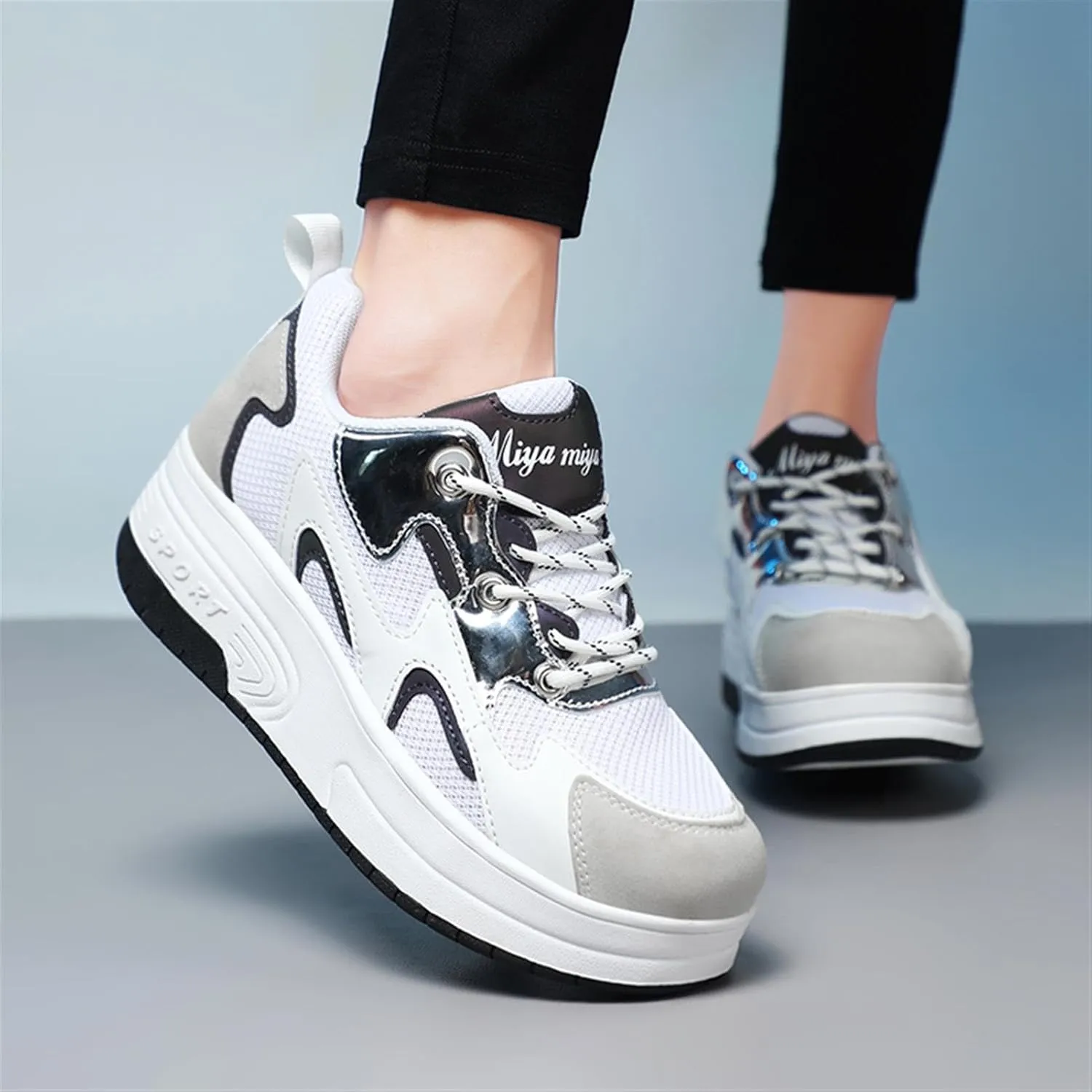 Kids Roller Sneakers with Detachable Wheels, Unisex Casual Skating Shoes, Trendy All-Season Round Toe Lace-up Sneakers for Party, Birthday