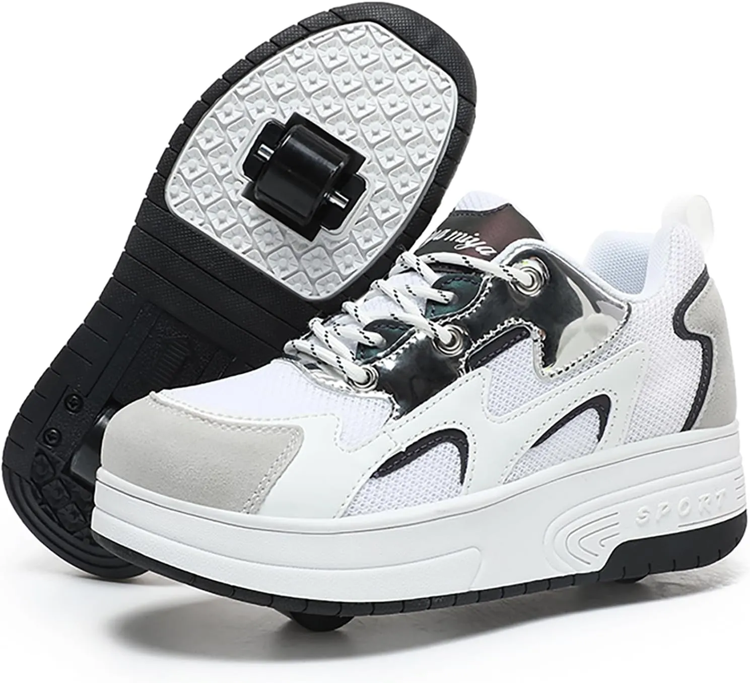 Kids Roller Sneakers with Detachable Wheels, Unisex Casual Skating Shoes, Trendy All-Season Round Toe Lace-up Sneakers for Party, Birthday
