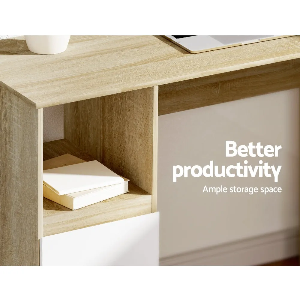 L-Shape Computer Desk with Drawers & Shelf, Oak - Artiss